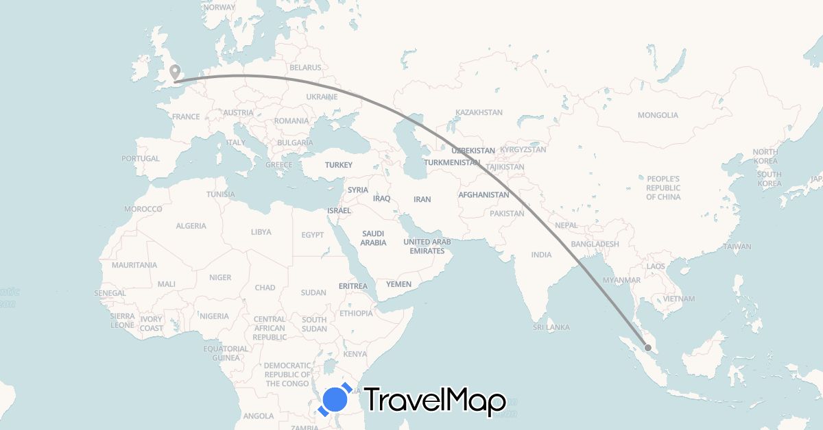 TravelMap itinerary: driving, plane in United Kingdom, Malaysia (Asia, Europe)